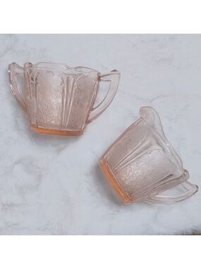 Vintage 1940s Jeanette Pink Depression Glass Cherry Blossom Creamer & Sugar Set